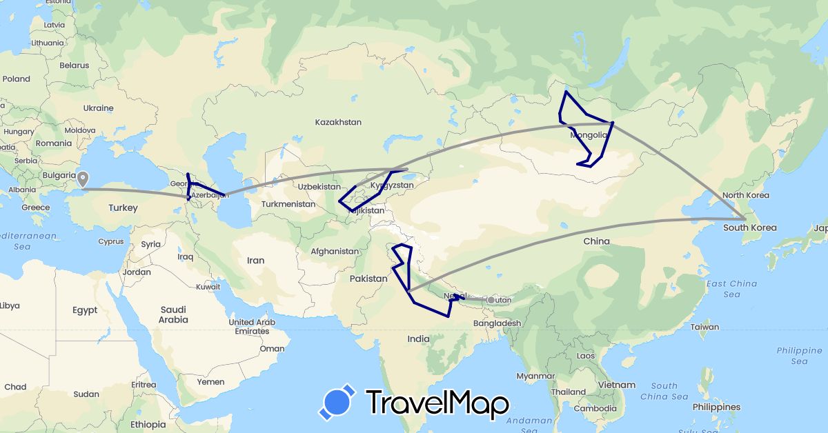 TravelMap itinerary: driving, plane in Armenia, Azerbaijan, Bhutan, Georgia, India, Kyrgyzstan, South Korea, Kazakhstan, Mongolia, Nepal, Tajikistan, Turkey, Uzbekistan (Asia)